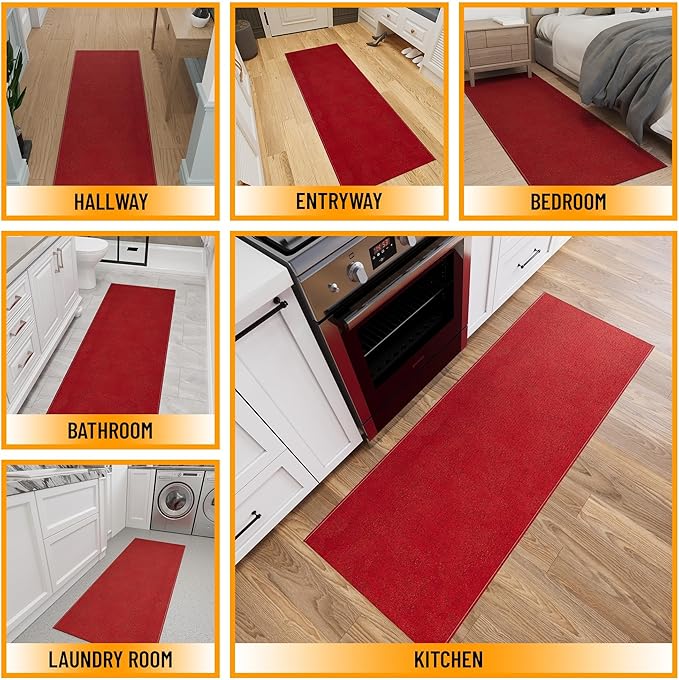 Ottomanson 2'7" x 7' Ultra-Thin Hallway Runner Rug - Durable Non-Slip Carpet for High-Traffic Areas - Fits Under Doors for Seamless Entry - Ideal for Kitchen, Entryway, Bedroom & Living Room, Red