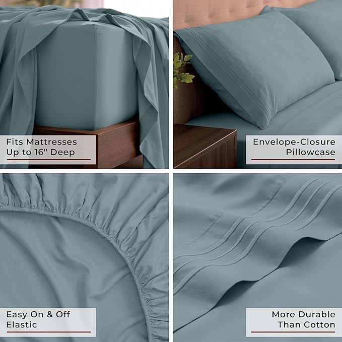 Mellanni King Sheets Set - 4 PC Iconic Collection Bedding - Hotel Luxury, Extra Soft, Cooling Bed Sheets - Wrinkle, Fade, Stain Resistant (King, Spa Blue)