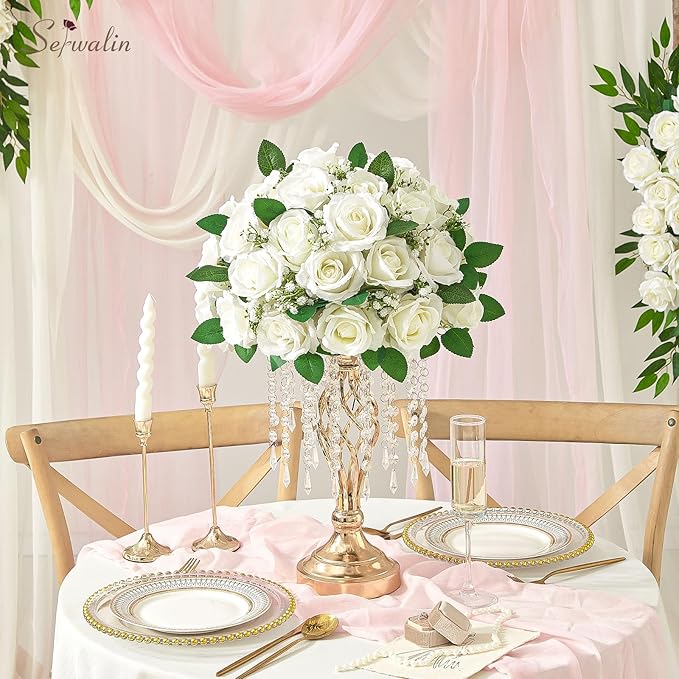 Serwalin 60 PCS White Artificial Roses in Bulk, 3.15'' Flower Head Fake Silk Roses Realistic Roses for Bridal Bouquet Wedding Centerpieces Flower Arrangement Party Home Decor