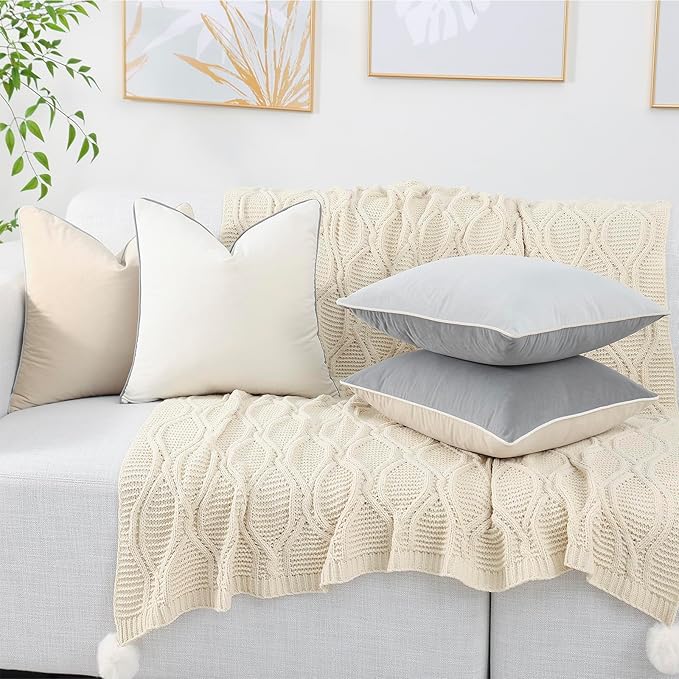 Mecatny Set of 4 Velvet Throw Pillow Covers 20x20, Soft Neutral Accent Decorative Couch Pillow Covers for Sofa Bedroom Living Room, Grey/Beige