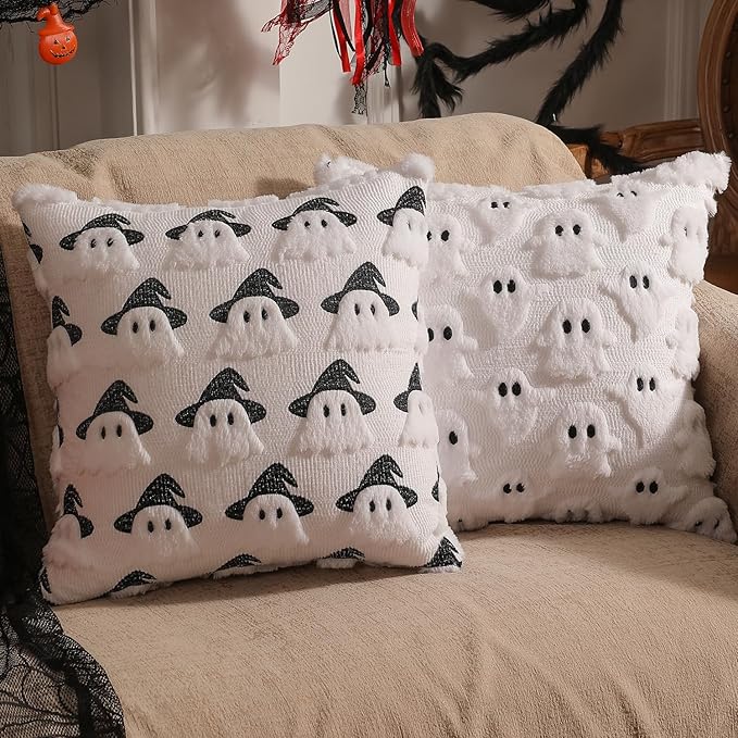 Halloween Decorations Set of 2 Double-Sided Halloween Pillow Covers 20" x 20", with 2 Different Looks, Cure White Ghost & Ghost with Hat, Plush Faux Fur Throw Pillow Covers for Home Decor