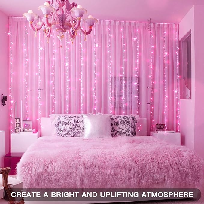 suddus Curtain Lights for Bedroom, 200 Led 6.5ft x 6.5ft Hanging String Lights Outdoor, Fairy Curtain Lights for Backdrop, Window, Wall, Wedding, Party, Garden, Porch, Birthday Decorations Pink