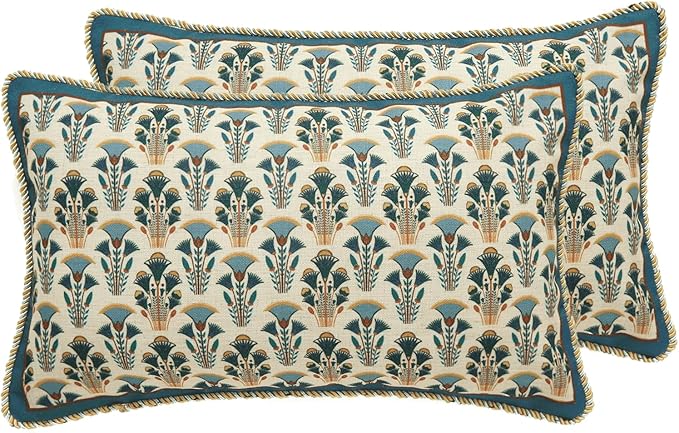 patdrea Designer Rectangle Throw Pillow Covers Set of 2,Rustic Vintage Blue Linen with Floral Pattern Pillow Cover,Decorative Lumbar Pillowcases Cushion for Bed Living Room Outdoor Car,12"x20"