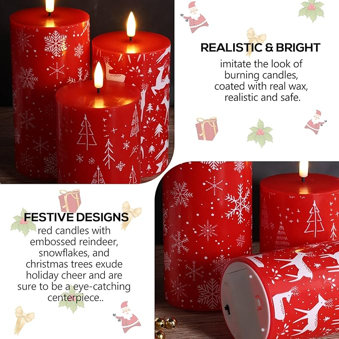 Eywamage Red Christmas Flameless Pillar Candles with Remote, Reindeer Snowflakes Tree LED Wax Candles Set of 3