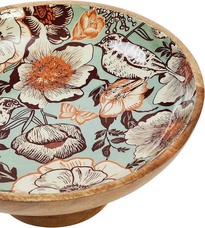 VHC Brands Natural with Bird Print Wooden Fruit Bowl 5.5x12x12, Kitchen Decor, Decorative Wooden Pedestal Bowl, Perfect Centerpiece for Table, Island, or Counter
