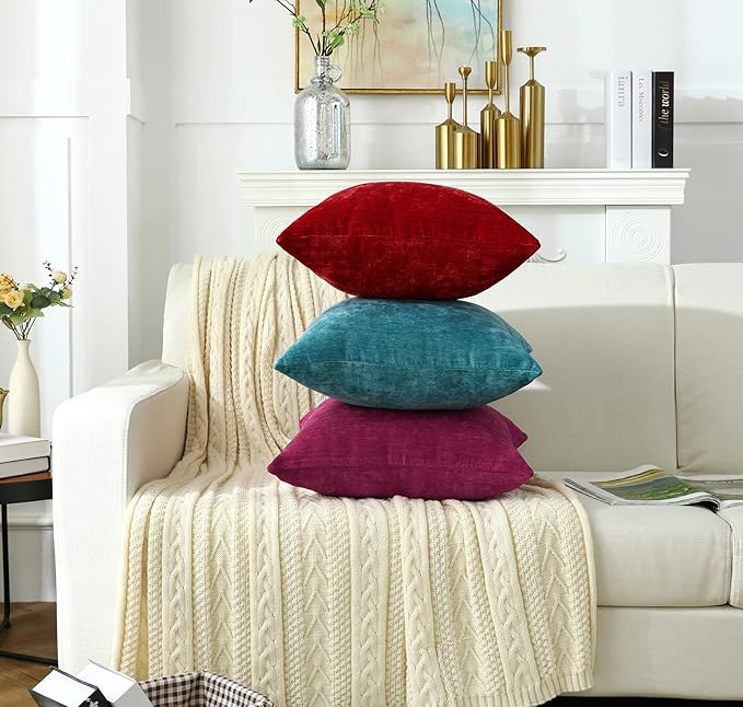 Jeneoo Fuschia Pink Decorative Throw Pillow Covers Soft Chenille Comfy Solid Couch Cushion Case Decor (Set of 2, 14 x 14 Inches)