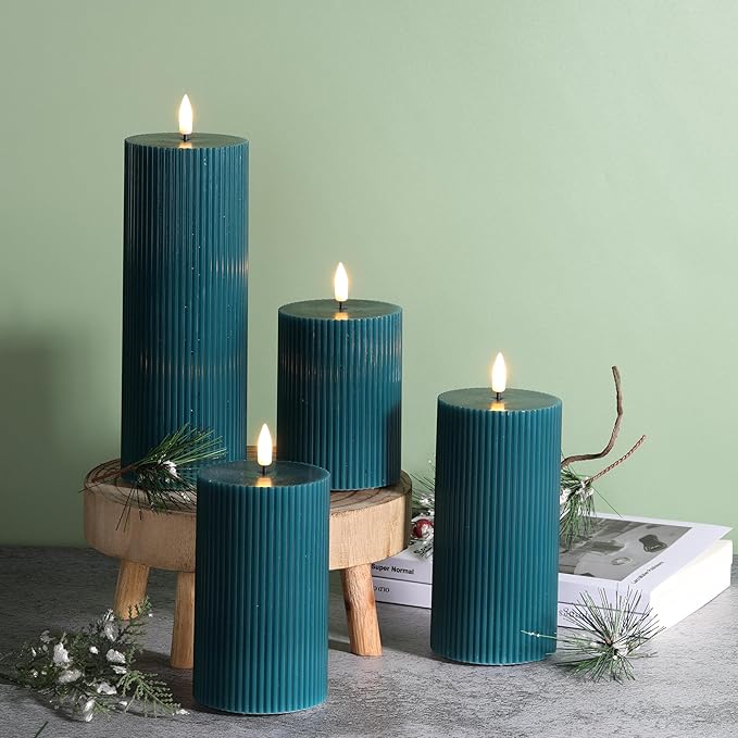 Teal Ribbed Flameless Pillar Candles with Remote, Flat Top Flickering LED Wax Battery Candles Set of 4, Φ 3" H 4" 5" 6" 8"