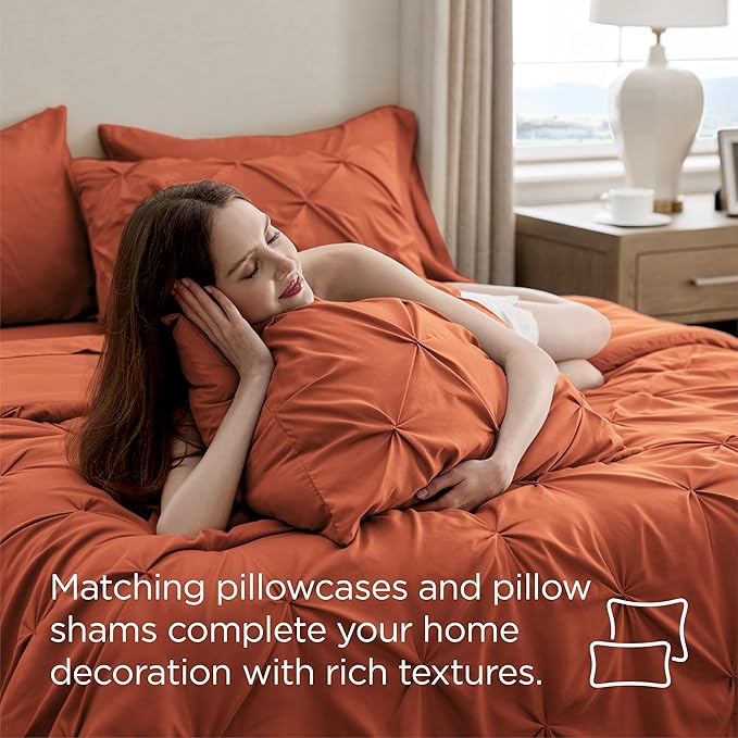 Bedsure Queen Comforter Set Burnt Orange - Bed in a Bag Queen Size Bedding 7 Pieces, GentleSoft™ Pintuck Bed Set Gift for Family, Pinch Pleat Burnt Orange Comforter with Sheets, Pillowcases & Shams