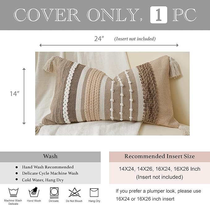 BlissBlush Decorative Lumbar Throw Pillow Cover 14x24 Boho Brown Accent Cushion for Couch Sofa Farmhouse Pillowcase for Bedroom Living Room Home Décor Cover ONLY