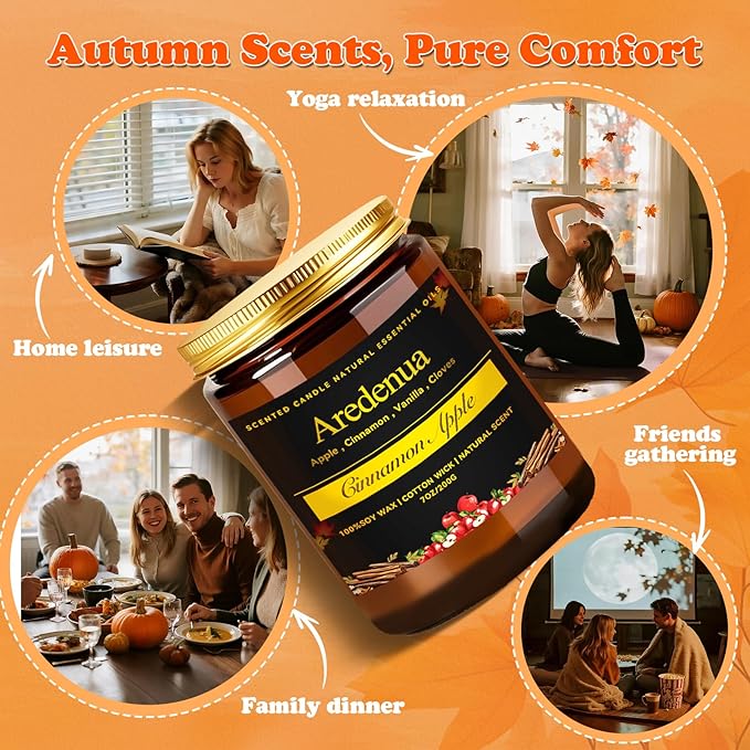 Fall Candles - Apple & Cinnamon Candle | Apple Scented Candles, Thankingsgiving Candle for Autumn, 7 OZ Soy Candles for Home Scented - Fall Gifts for Women Men