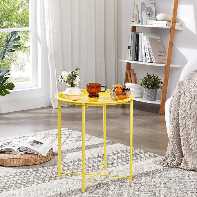 VECELO Side/End Table, Folding Round Metal Anti-Rust and Waterproof Outdoor or Indoor Tray for Living Room Bedroom Balcony and Office, 1 PCS,Yellow