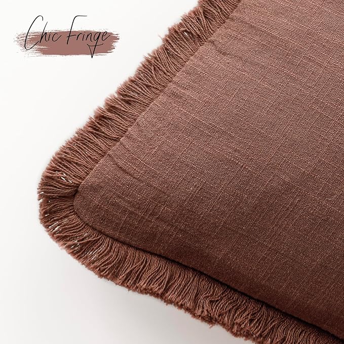 Foindtower Set of 2 Decorative Linen Fringe Lumbar Throw Pillow Covers Boho Farmhouse Cushion Cover with Tassels Soft Accent Pillowcase for Couch Sofa Bed Living Room Home Decor,12×24 Inch,Rust Red