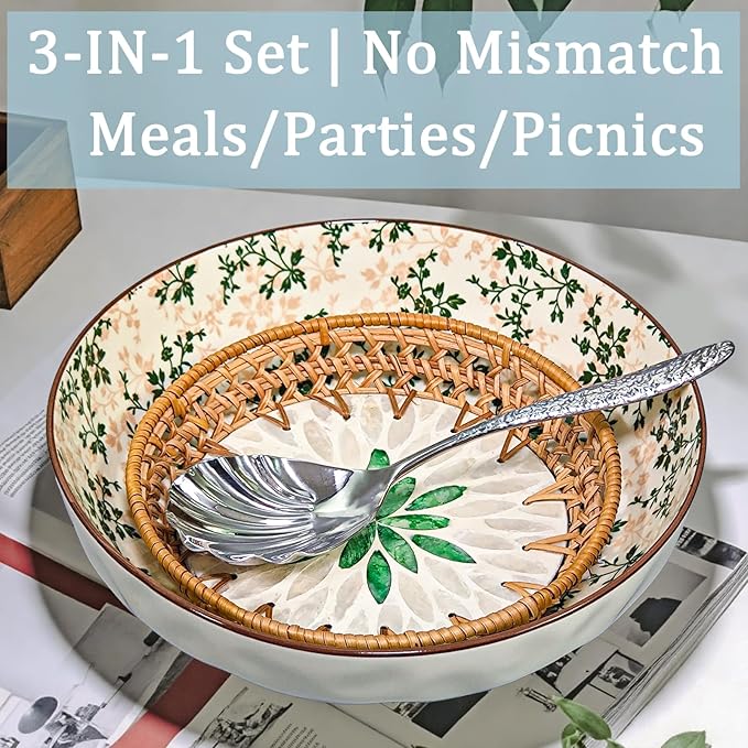10"Ceramic Large Salad Serving Bowl with Serving Utensil & 7.8"Round Rattan Tray with Mother of Pearl Inlay for Vegetables, Fruit, Baking, Dessert, Kitchen, Party Diy, Pre Meal and Serve Dishes