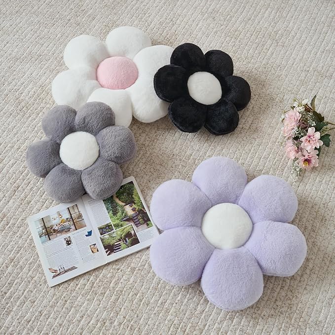 Flower Pillow, Decorative Throw Pillows for Couch Bed, Cute Daisy Home Decor Flower Shaped Pillows for Bedroom Living Room (Black, 19.6 Inches)