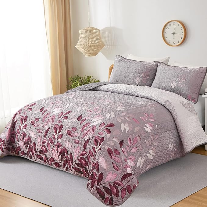 WONGS BEDDING Quilt Set King Size, 3 Pieces Pink Botancal Leaves Bedspread Coverlet Set with 2 Pillowcases for All Season, Soft Microfiber Floral Bedding Set 104"×90"