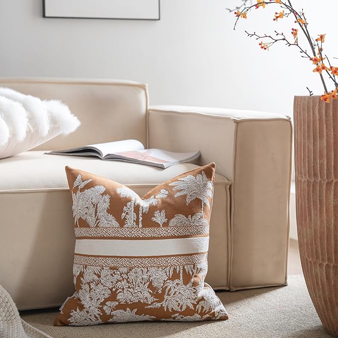 Premium Throw Pillow Covers 20x20 Inches - Tawny Birch Jungle with White Palm Tree Chenille Jacquard Embroidery Decorative Couch Pillow Covers for Living Room Bedroom Sofa