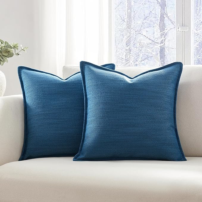 Meekio Set of 2 Deep Blue Pillow Covers 18x18, Linen Look Throw Pillow Covers with Flange Edge for Sofa Couch Living Décor