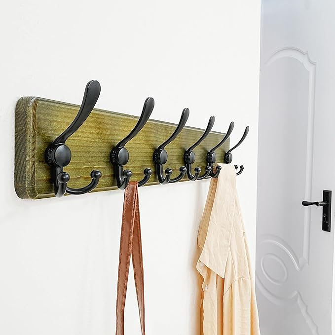 Dseap Coat Rack Wall Mounted - 24" Long 6 Tri Hooks, Heavy Duty Wooden Wall Coat Hanger Coat Hook for Clothes Hat Jacket Clothing, Weathered Green and Black