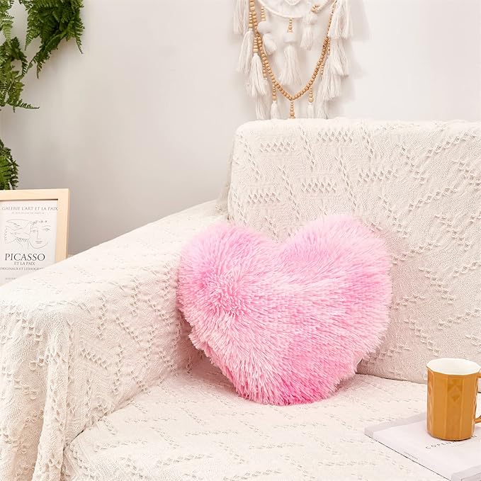 MOOWOO Fluffy Heart Pillow, Faux Fur Throw Pillow,Sherpa Plush Fluffy, Cute Soft Throw Cushion, Valentines Day,Thanks Giving Days,Christmas Day Decorative for Home Bed Couch Heart Shape