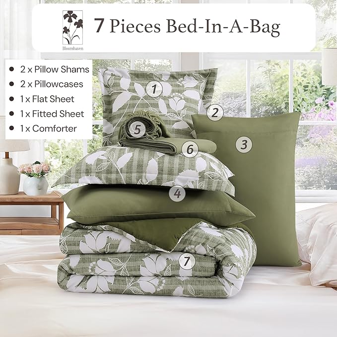Full Comforter Set -7 Pieces Botanical Olive Green Comforter Set for All Seasons, Bed in a Bag Full with Flowers Floral Comforter, Sheets, Pillowcases & Shams