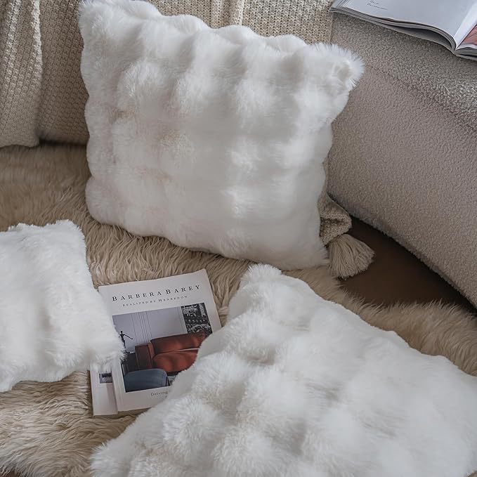 Neelvin Cream White Faux Fur Cozy Soft Double-Sided Decorative Throw Pillow Covers 24x24 inch Set of 2,Velvet Pillowcase Cushion Case for Sofa Couch