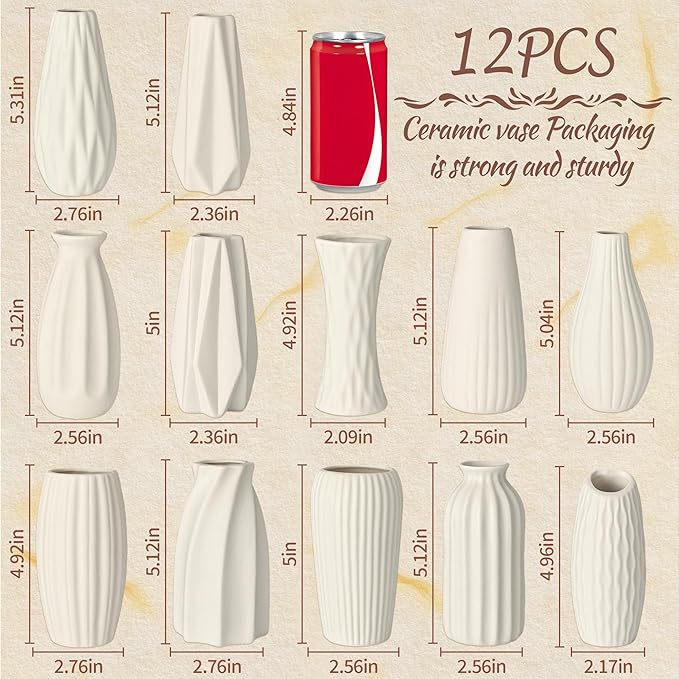 White Ceramic Vase Set of 12, Small White Bulk Bud Vases for Pampas Grass for Wedding Table Centerpieces Decoration, Modern Boho for Rustic Vase