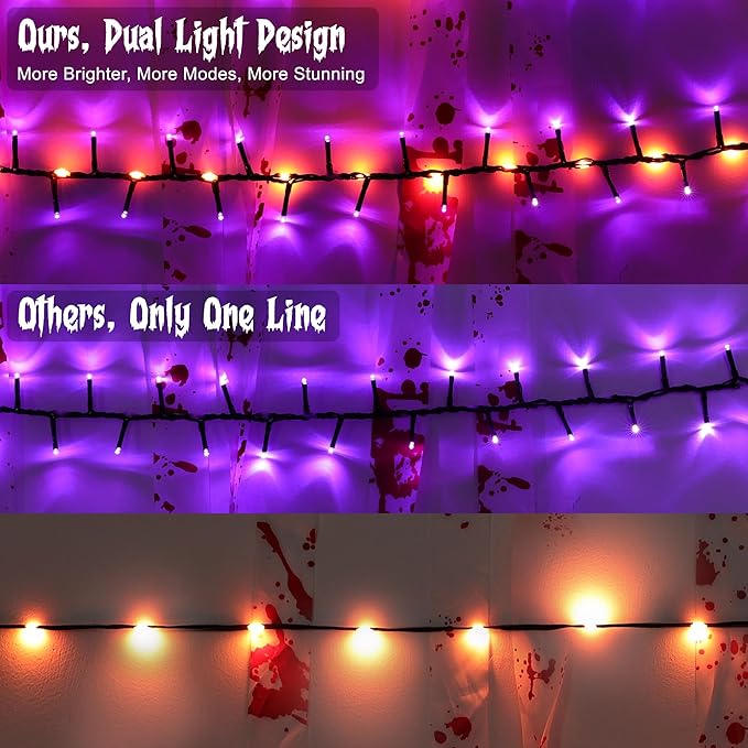 Brizled Outdoor Halloween Lights, 372 LED 17 Modes Orange & Purple Halloween Cluster Lights with Timer, 19.6FT Waterproof Spooky Light Plug in, Orange Purple Light Black Wire for Indoor Outdoor Decor