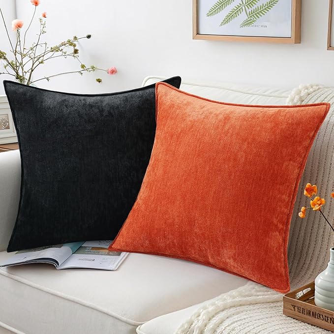 decorUhome Couch Throw Pillow Covers 22x22 Set of 2, Decorative Soft Euro Neutral Chenille Pillow Covers with Elegant Design for Sofa Bed Living Room Home Decor, Black