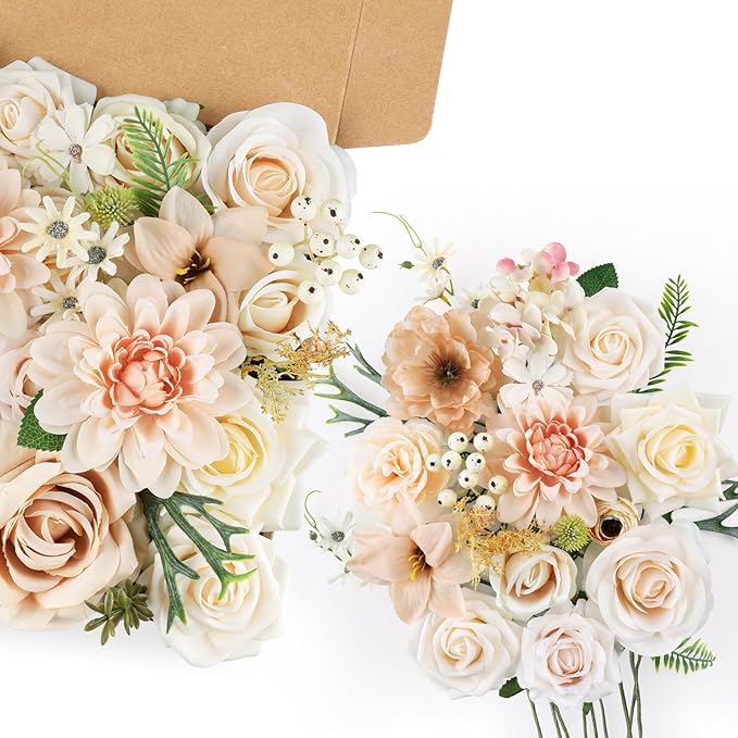 AmyHomie Nude Color Artificial Flowers Combo Silk Mix Peony Rose Fake Flowers w/Stem for DIY Wedding Bouquets Centerpieces Arrangements Table Fall Decor Party Bridal Baby Shower Home Decorations