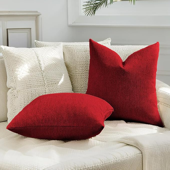 HAUSSY Red Throw Pillow Covers 12x20 Inch Set of 2,Boho Decorative Faux Linen Lumber Throw Pillows Cozy Farmhouse Accent Cushion Covers,Home Decor for Couch Sofa Bed Living Room