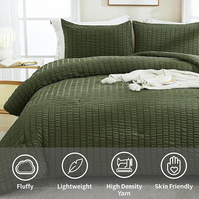 AveLom Dark Olive Green Seersucker Full Comforter Set (80x90 inches), 3 Pieces-100% Soft Washed Microfiber Lightweight Comforter with 2 Pillowcases, All Season Down Alternative Bedding Set