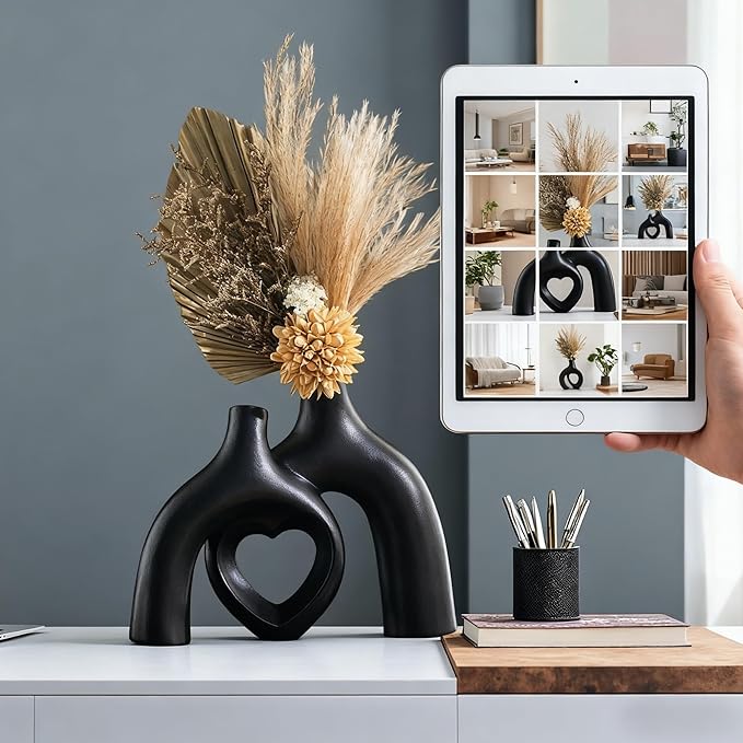 Hug Snuggle Hollow Donut Ceramic Vases, 9 Inch Modern Nordic Minimalist Decorative Vase for Home Decor Table Centerpiece Bookshelf Office Entryway Aesthetic Decoration (Matte Black)
