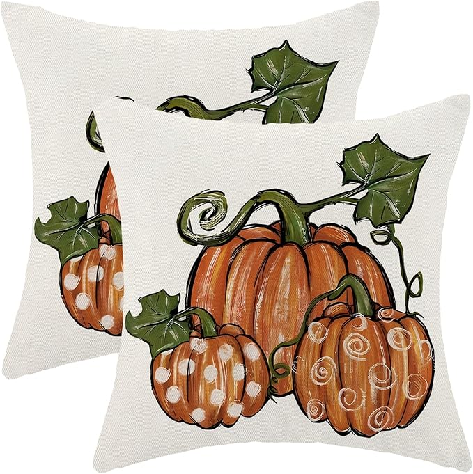 Fall Pillow Covers 18 x 18 Inch, Polka Dots Burnt Orange Pumpkins Decor Throw Pillows for Home Couch Bed, Autumn Thanksgiving Harvest Outdoor Decorative Pillowcase Linen Cushion Cover Set of 2