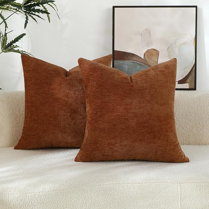 Terracotta Chenille Decorative Couch Throw Pillow Covers, Soft Cushion Cases for Home Livingroom Sofa Décor, Pack of 2, 18 x 18 Inches