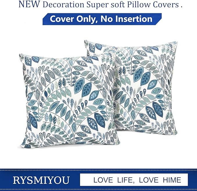 Decorative Throw Pillow Covers Set of 2 Blue Green Small Leaves Pillow Covers 16x16 inch Soft Short Plush Square Floral Throw Pillows,Farmhouse Outdoor Pillow Covers for Couch Living Room