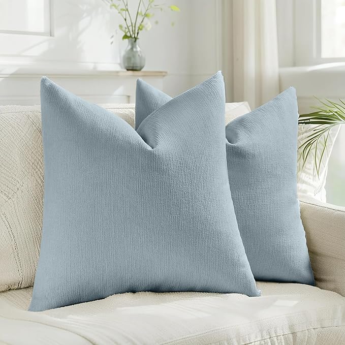 HAUSSY Denim Blue Throw Pillow Covers 24x24 Inch Set of 2,Boho Decorative Faux Linen Throw Pillows Cozy Farmhouse Accent Cushion Covers,Home Decor for Couch Sofa Bed Living Room