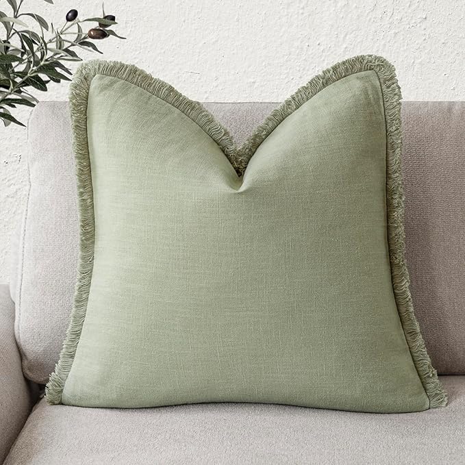 Foindtower Decorative Linen Fringe Throw Pillow Covers Cozy Boho Farmhouse Cushion Cover with Tassels Soft Accent Pillowcase for Chair Sofa Bed Living Room Home Decor, 26×26 Inch, 1PC,Light Sage Green