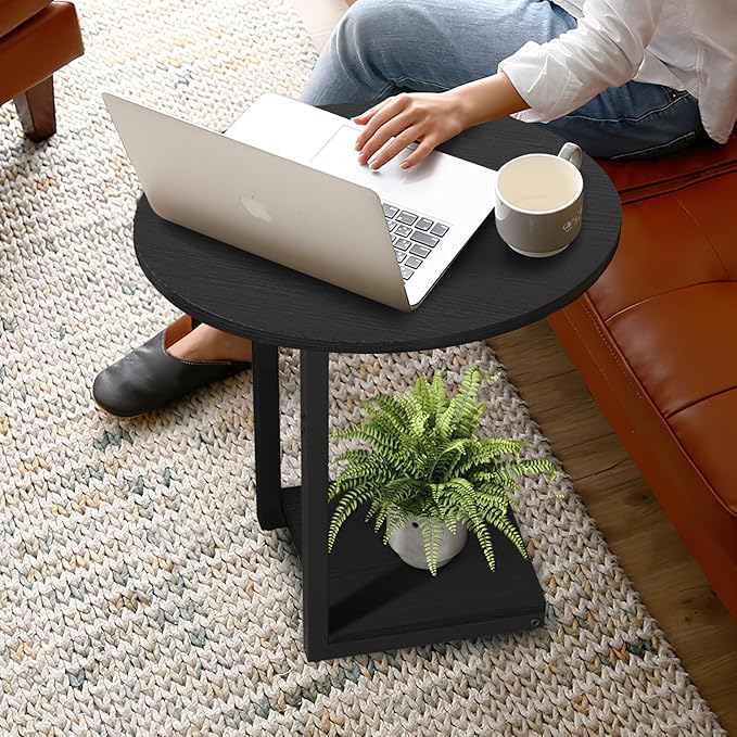 Hosfais Small Side Table End Table, C-Shaped Wood Coffee Table TV Tray for Eating Couch Tables for Small Space, Living Room, (Black)