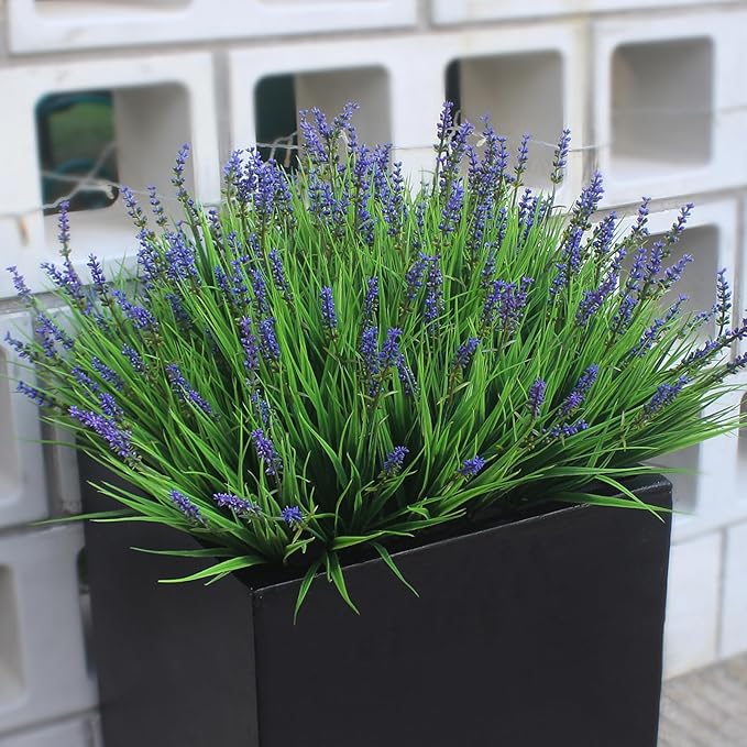 Faux Plants Outdoor 24 Bundles Fake Monkey Grass Artificial Plastic Purple Flowers Outside Flor Fade Resistant Realistic for Planter Porch Patio Decor(24 Bundles Purple Monkey Grasses)