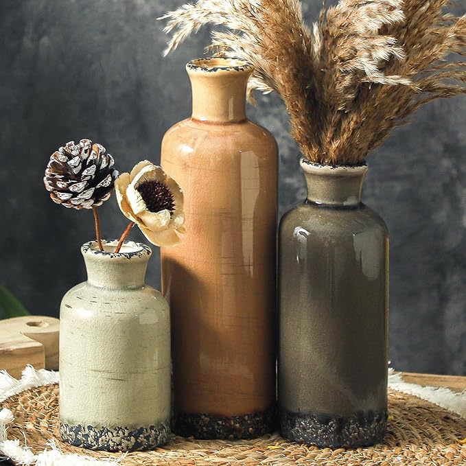 Ceramic Vase Set of 3, Neutral Flower Vases Home Decor, Pottery Rustic Farmhouse Decorative Vases Modern Decor for Table Mantel Entryway Bookshelf Living Room Kitchen Bedroom - Brown