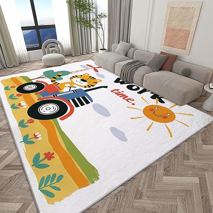 Area Rug for Living Room 8x10 ft Cartoon Farm Tiger Tractor Washable Low Pile Rugs Indoor Non Slip Floor Rugs, Ultra Soft Faux Wool Carpet for Bedroom Dining Room Kids Room