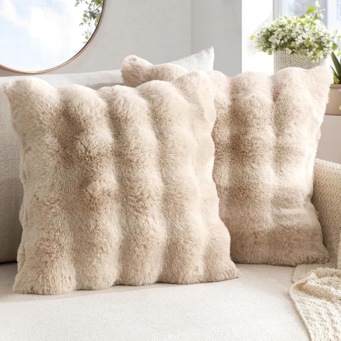 MIULEE Pack of 2 Decorative Pillow Covers Thick Soft Plush Faux Fur Throw Pillows Luxury Home Decor for Couch Bedroom Living Room Sofa,18x18 Inch Khaki