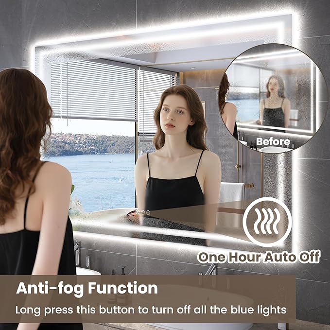 60"X30" LED Bathroom Mirror with Front Lights and Backlit, Anti-Fog, Dimmable, Shatter-Proof Tempered Glass, Lighted Bathroom Vanity Mirror for Wall with 3 Colors, Memory Function
