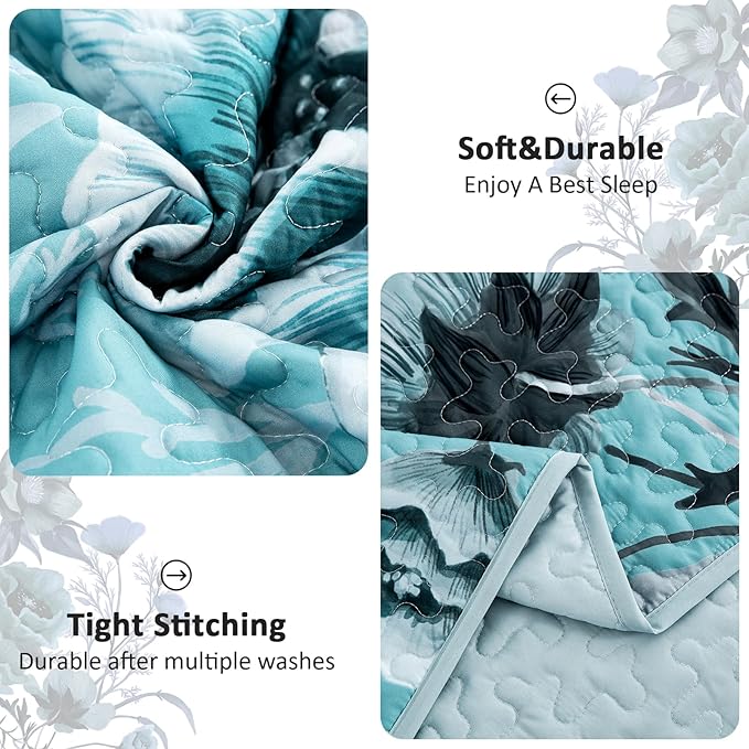 Blue Floral Quilt Set King Size 3 Pieces Boho Flower Quilt Coverlet Set Soft Microfiber Lightweight Floral Quilted Bedspread with 2 Pillow Shams for All Season 90"x104"