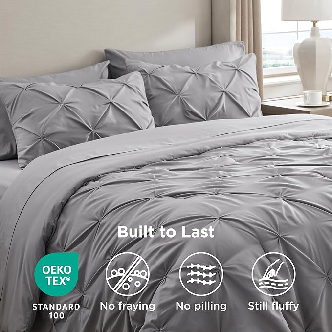 Bedsure Full Comforter Set Grey - Bed in a Bag Full Size Bedding Set 7 Pieces, GentleSoft™ Pintuck Bed Set Gift for Family, Pinch Pleat Grey Comforter with Sheets, Pillowcases & Shams
