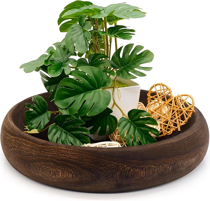 Wooden Decorative Bowls, 13 Inch Round Paulownia Wood Centerpiece Bowls for Home Decor, Blackened Fruit Bowl for Coffee Table, Key Tray for Entryway Moss Holder (Black)