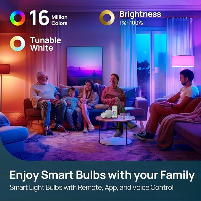 Linkind Smart Light Bulbs with Remote Control, Smart Bulb That Work with Alexa & Google Home, 16 Million Color Changing Light Bulbs 60W, A19 E26 2.4Ghz WiFi Light Dimmable,1800K-6500K,800lm 4 Pack