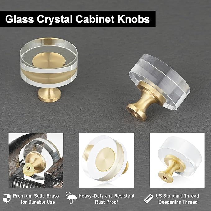 QOGRISUN 5-Pack Brass Crystal Cabinet Knobs,Glass Crystal Gold Drawer Knobs,1-1/4-Inch Round, Decorative Dresser Pulls, Modern Cabinet Hardware