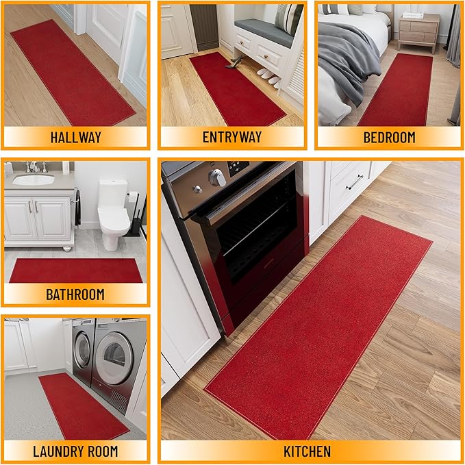 Ottomanson 2'7" x 5' Ultra-Thin Area Rug Durable Non-Slip Carpet for High-Traffic Areas - Fits Under Doors for Easy Use - Ideal for Living Room, Bedroom, Kitchen, Bathroom & Entryway, Red