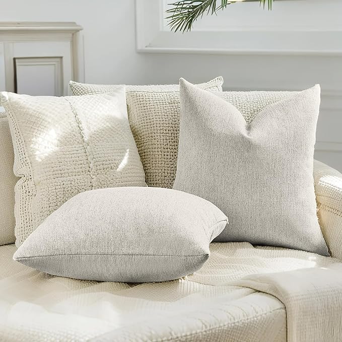 HAUSSY Natural White Wood Throw Pillow Covers 18x18 Inch Set of 2,Boho Decorative Faux Linen Throw Pillows Cozy Farmhouse Accent Cushion Covers,Home Decor for Couch Sofa Bed Living Room